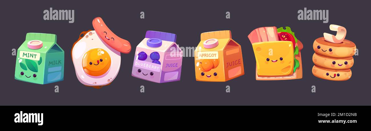 Personnages de la cuisine de Kawaii, repas de petit-déjeuner de dessin animé. Jus d'abricot mignon, lait à la menthe, crêpes, œufs frits avec saucisse, set isolé de sandwich. Drôle adorables menu enfants personnages, illustration vectorielle Illustration de Vecteur