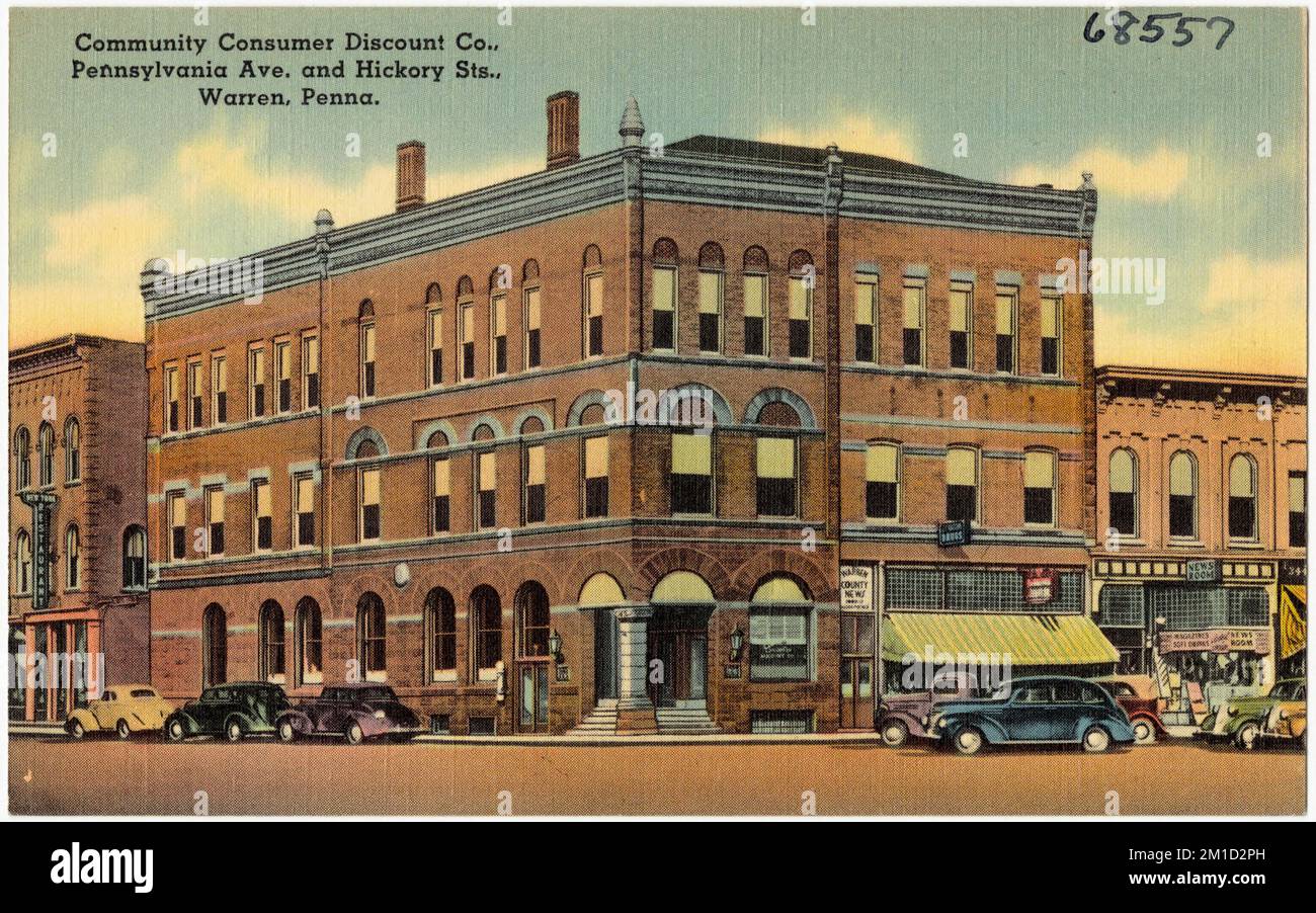 Community Consumer Discount Co., Pennsylvania Ave. Et Hickory STS., Warren, Penna. , Installations commerciales, Collection Tichnor Brothers, cartes postales des États-Unis Banque D'Images