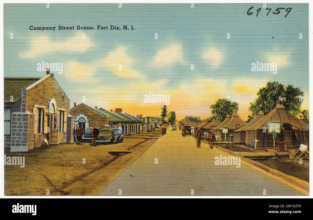 Company Street Scene, fort dix, N.J. , Installations militaires, Collection des frères Tichnor, cartes postales des États-Unis Banque D'Images