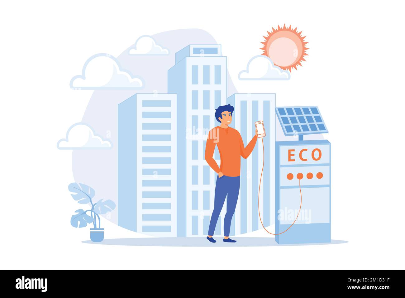 Homme charge le smartphone depuis la station de recharge solaire. Systèmes de charge écologiques renouvelables, arrêts de bus intelligents, concept IoT et ville intelligente, palette violette Illustration de Vecteur