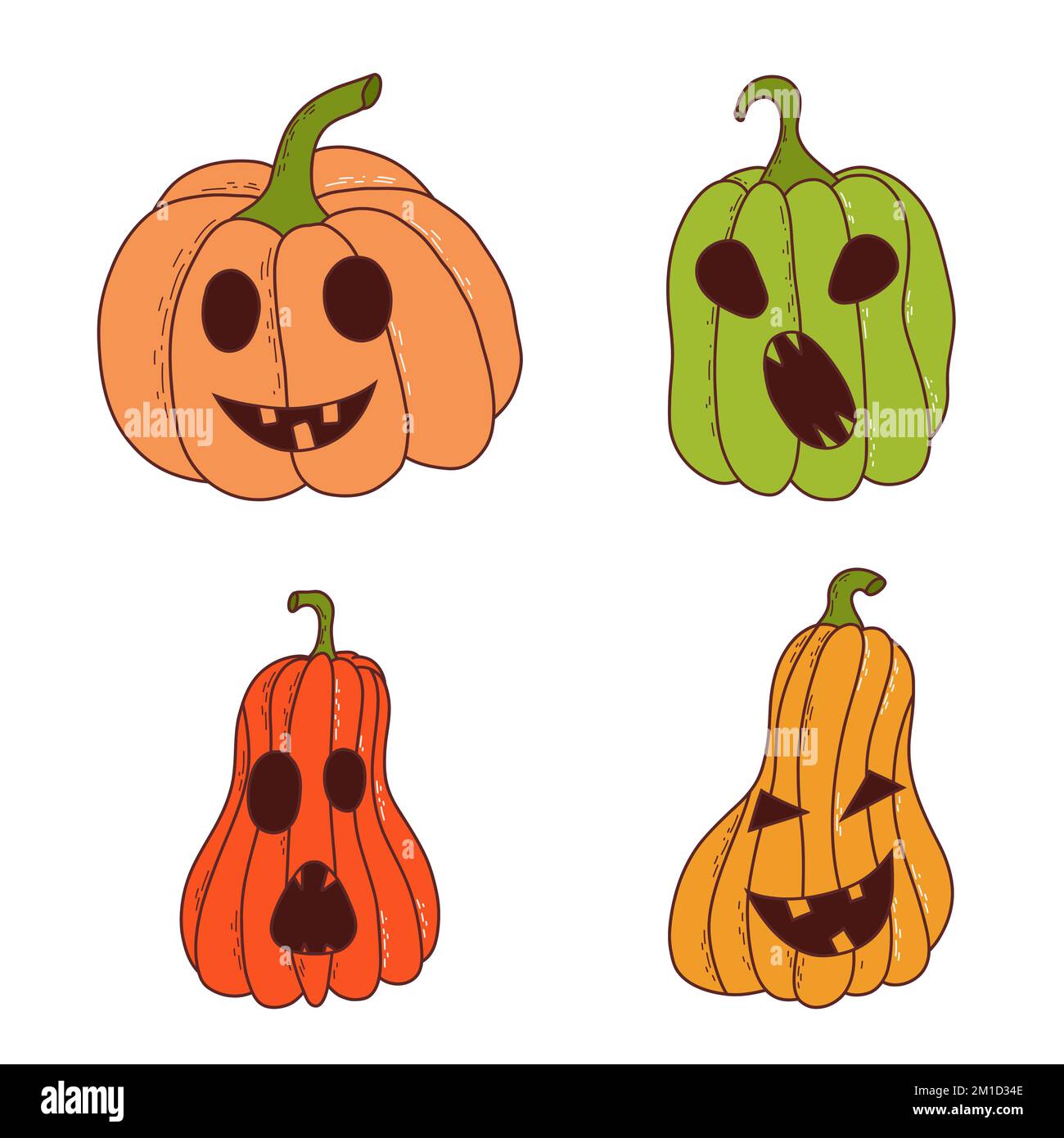 Ensemble de citrouille de différentes formes et couleurs avec visages drôles. Éléments d'Halloween. Illustration vectorielle de style dessiné à la main Illustration de Vecteur