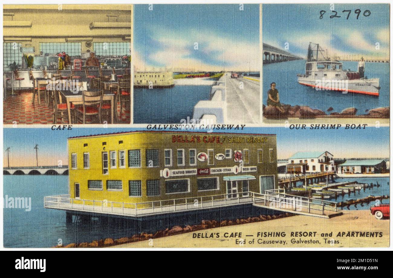 Della's café -- Fishing Resort and Apartments, End of Causeway, Galveston, Texas , restaurants, Tichnor Brothers Collection, cartes postales des États-Unis Banque D'Images
