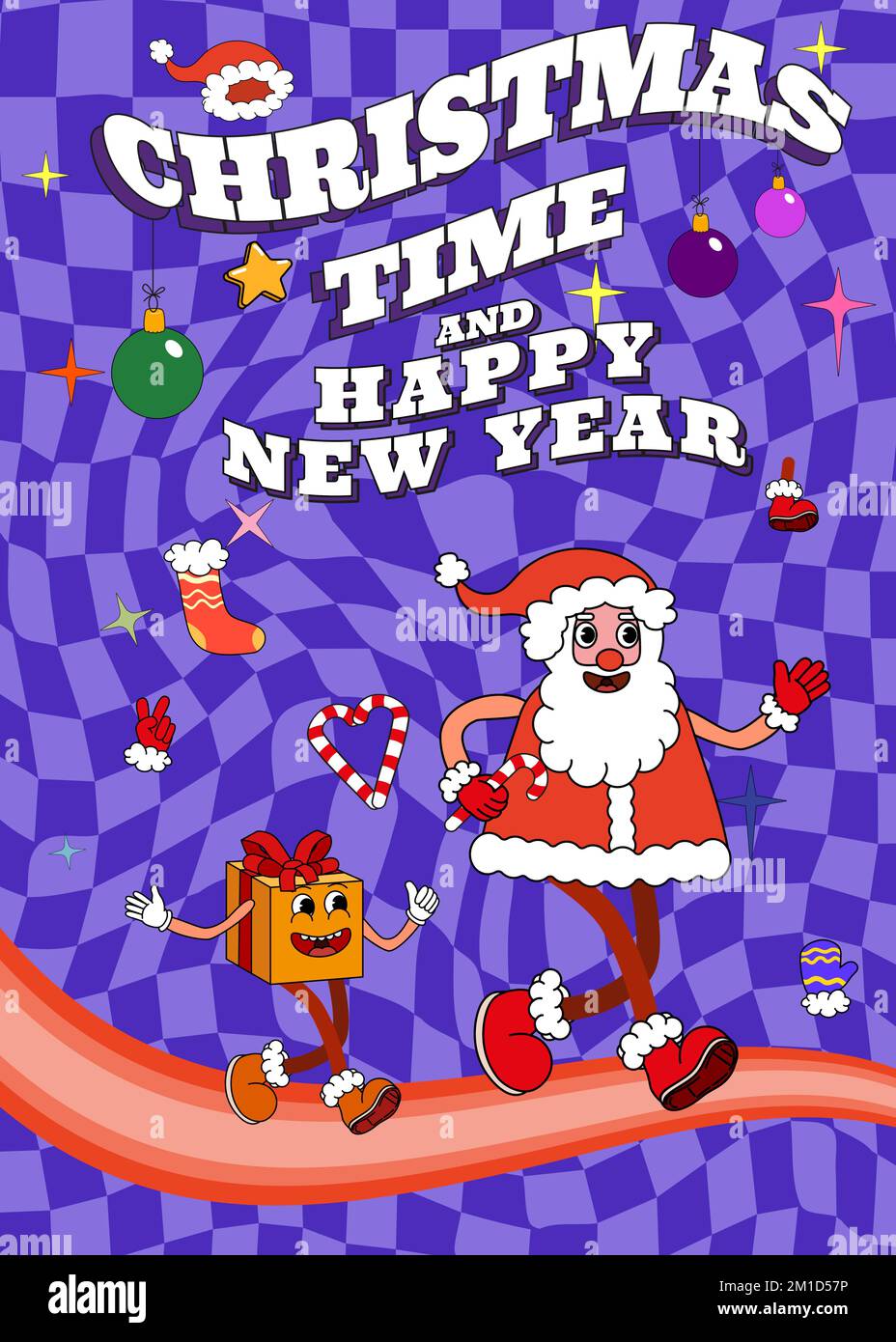 Affiche de Noël Groovy hippie. Père Noël et boîte cadeau n style de dessin animé rétro tendance Illustration de Vecteur