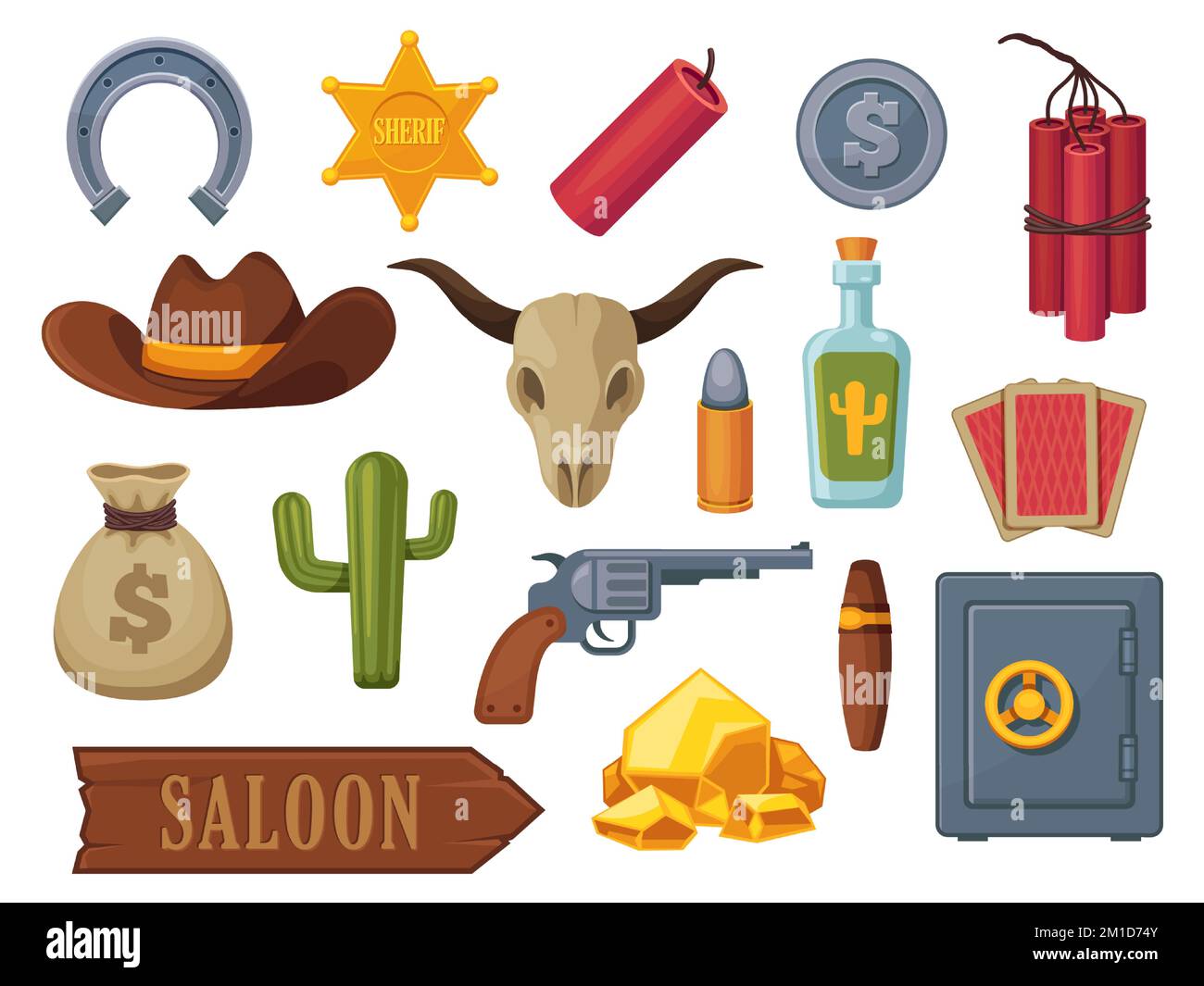 Icônes de dessin animé de l'ouest sauvage. Cowboy cactus rodeo selle lasso guitare serpent tequila fer à cheval style plat, éléments occidentaux plats. Ensemble vectoriel coloré Illustration de Vecteur