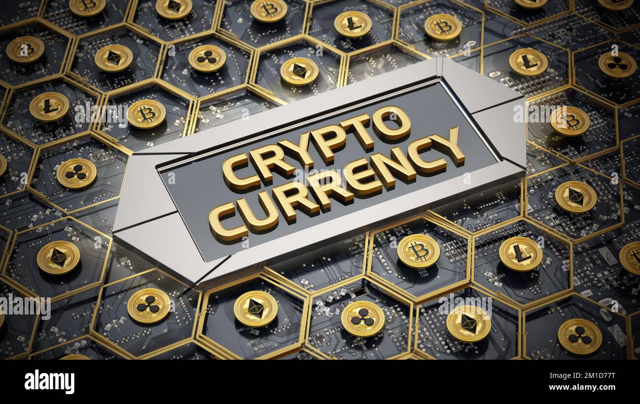 Concept de crypto-monnaie avec texte blockchain. 3D illustration. Banque D'Images