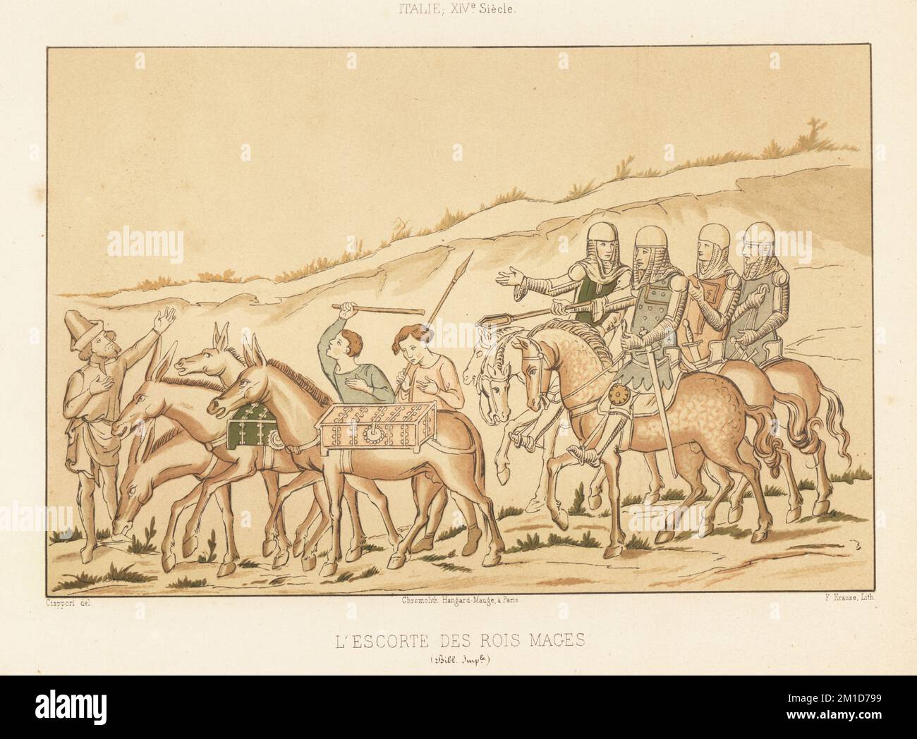L'escorte militaire des trois sages. Quatre soldats montés dans des armures de chayMail et des tuniques, armés de mace et d'épée, accompagnent les hommes qui conduisent des animaux de meute chargés de coffres. D'un manuscrit italien, Méditations de Saint François Assisi, attribué à Taddeo Gaddi, Bibliothèque Impériale, 14th siècle. L'escorte des rois Mages, Italie, XIVe siecle. Chromolithographie de F. Krause d'après une illustration de Claudius Joseph Cirepai des Arts Somptuaires de Charles Louandre, les Arts Sumptuary, Hangard-Mauge, Paris, 1858. Banque D'Images