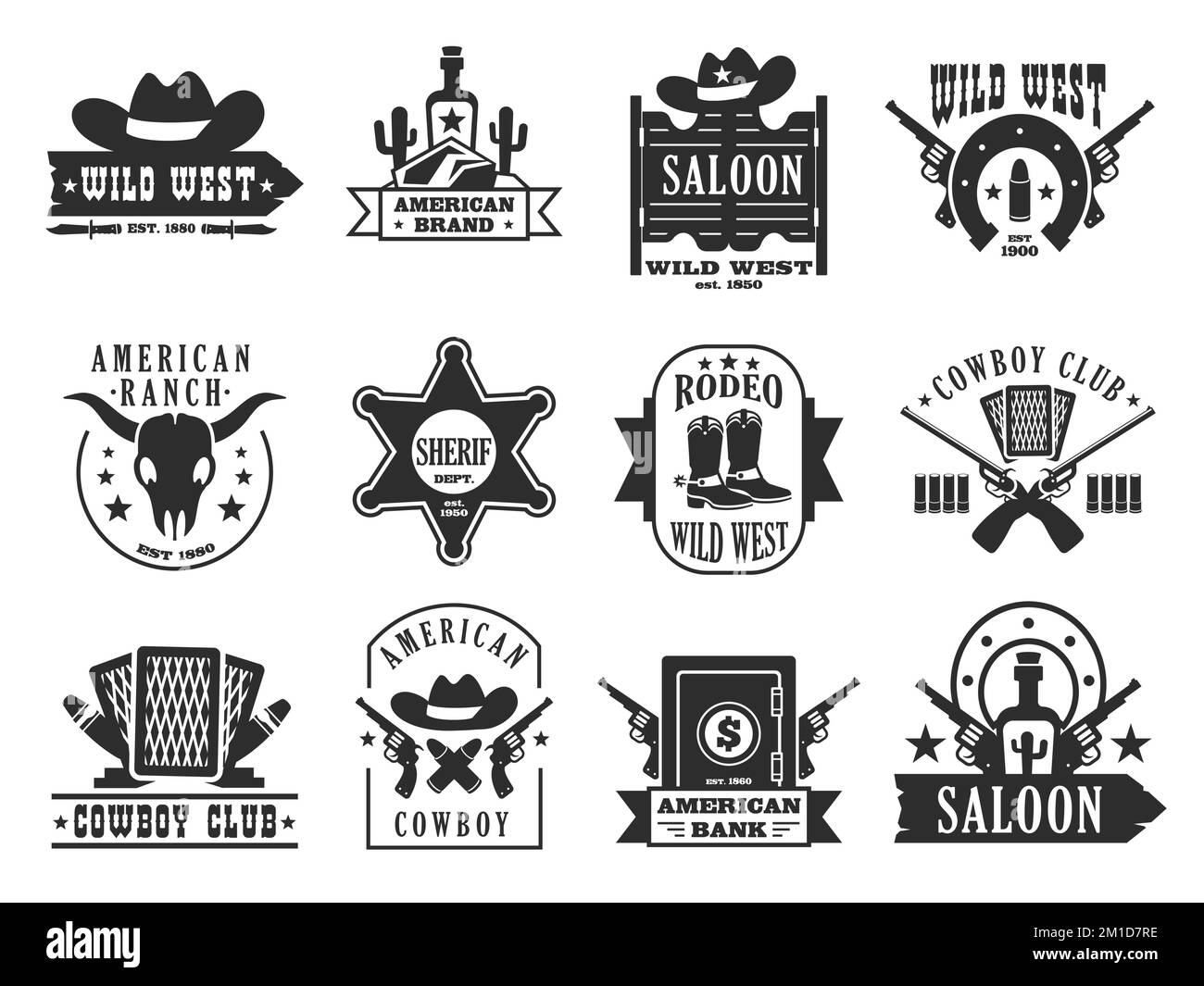 Logo Wild West. Badges de cow-boy d'amérique de l'Ouest avec éléments de fusil de lasso de cactus de cheval, emblèmes plats de dessin animé pour la conception d'étiquettes de timbre imprimé. Ensemble de vecteurs Illustration de Vecteur