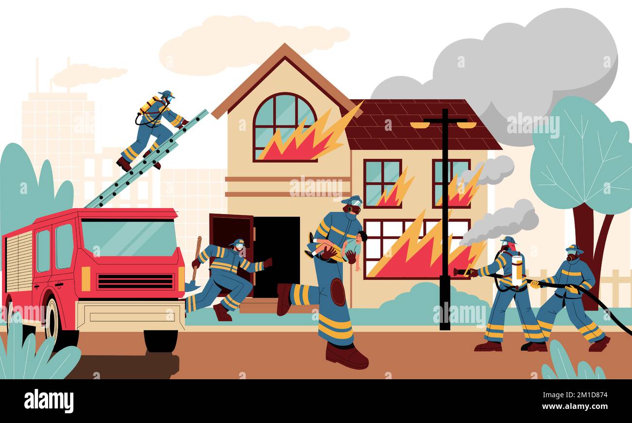 Pompiers à la maison en feu. Les personnages pompier éteignent le bâtiment d'incendie avec des tuyaux, les travailleurs d'urgence avec des pompiers de secours des gens de feu de feu Illustration de Vecteur