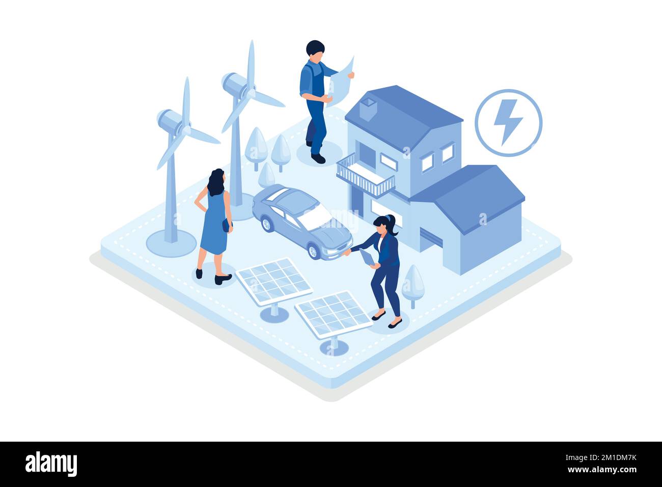Caractère utilisant la technologie de réseau intelligent pour contrôler sa maison intelligente avec des générateurs d'électricité éolienne, panneaux solaires et voiture électrique. Renouvelable et écologique en Illustration de Vecteur
