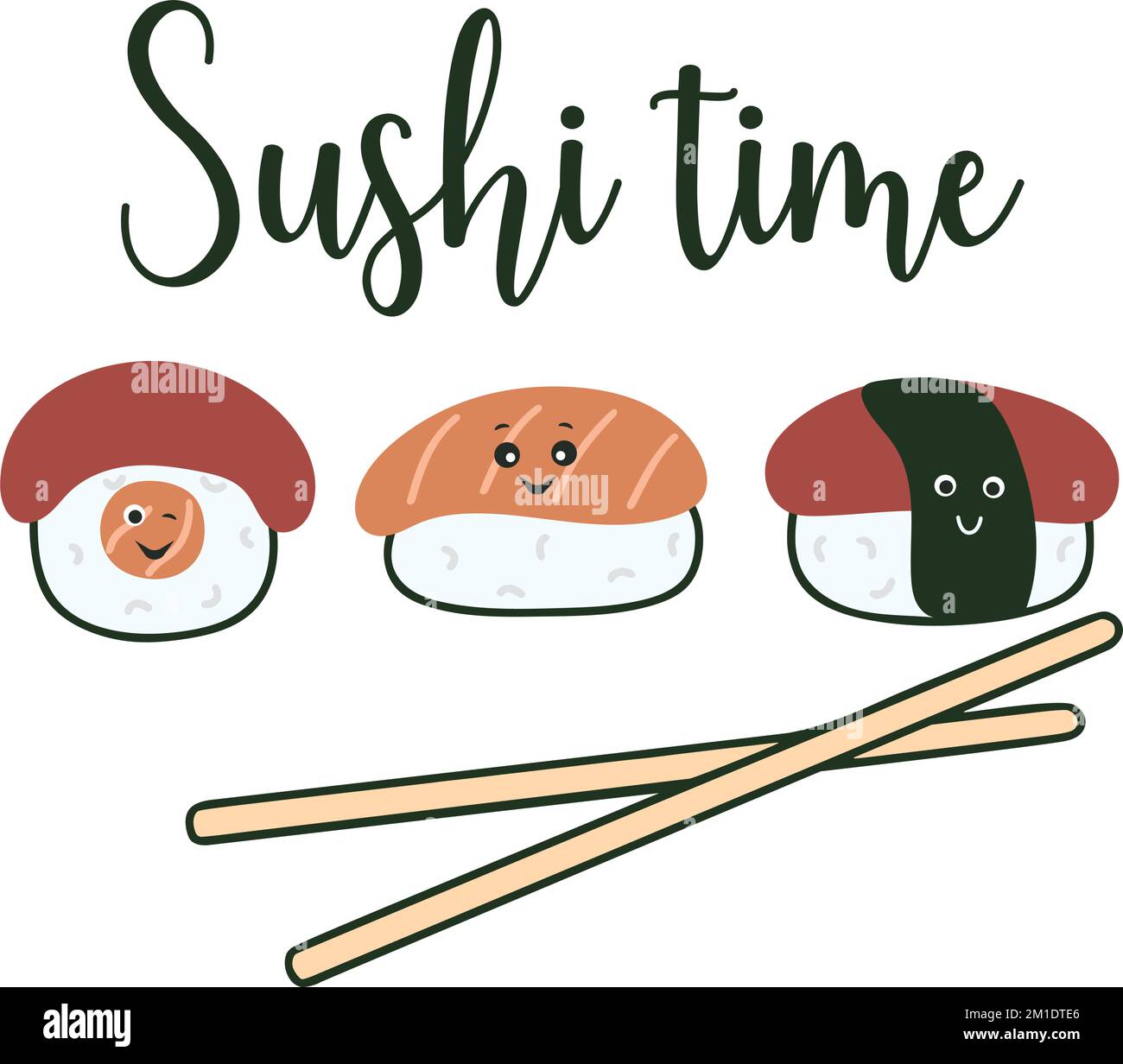 Concept sushi Time. Sushi kawaii et illustration vectorielle lettrage. Bannière asiatique. Caractères sushi et inscription Illustration de Vecteur