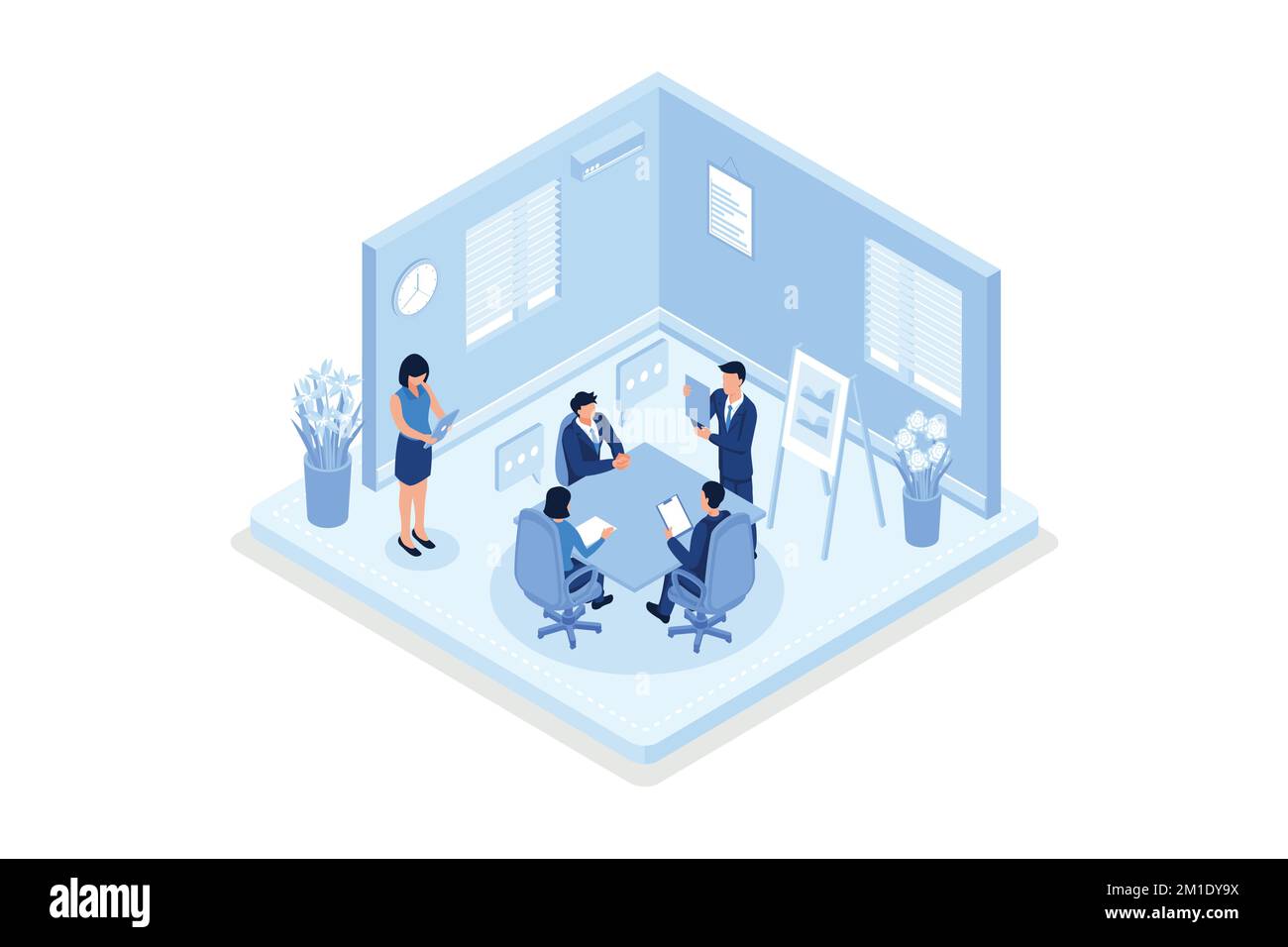 Les gens d'affaires, les gens qui parlent avec leurs collègues et leurs clients, l'illustration isométrique vectorielle moderne Illustration de Vecteur