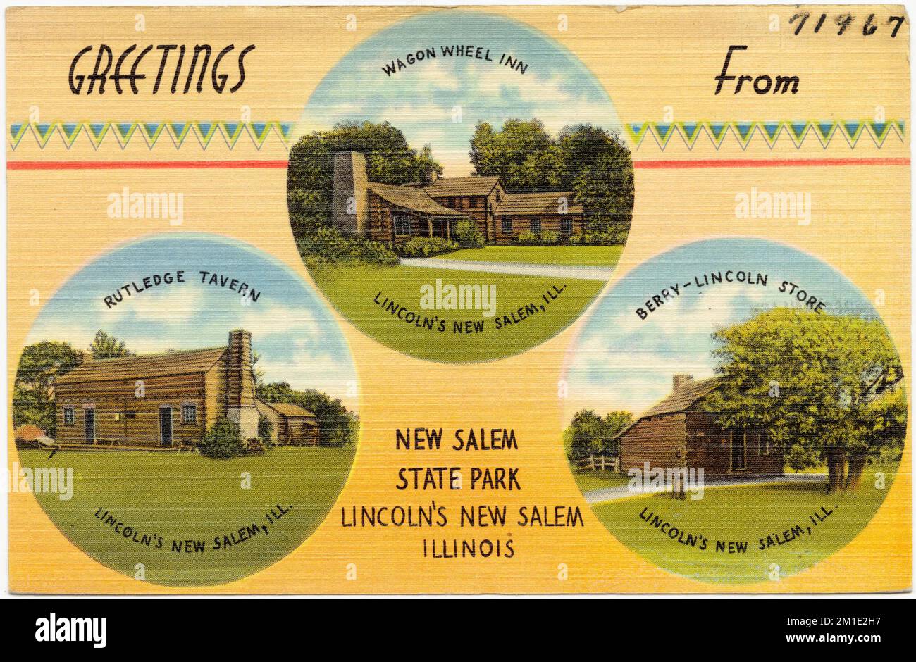 Salutations de New Salem State Park, Lincoln's New Salem, Illinois -- Wagon Wheel Inn, Rutledge Tavern, Berry-Lincoln magasin, bâtiments historiques, Tichnor Brothers Collection, Cartes postales des États-Unis Banque D'Images