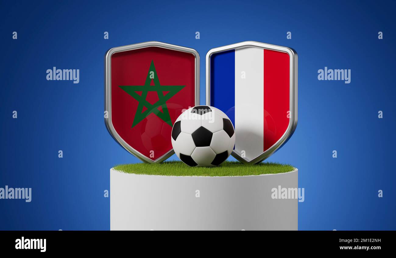 Le Maroc contre la France drapeau de la protection de football avec ballon de football sur un podium de gazon. 3D rendu Banque D'Images
