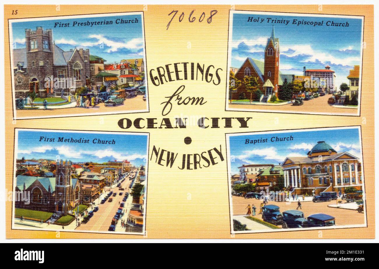 Salutations d'Ocean City, New Jersey -- première église presbytérienne, Église épiscopale de la Sainte Trinité, première église méthodiste, Église baptiste , Églises, Collection des frères Tichnor, Cartes postales des États-Unis Banque D'Images Salutations d'Ocean City, New Jersey -- première église presbytérienne, Église épiscopale de la Sainte Trinité, première église méthodiste, Église baptiste , Églises, Collection des frères Tichnor, Cartes postales des États-Unis Banque D'Images