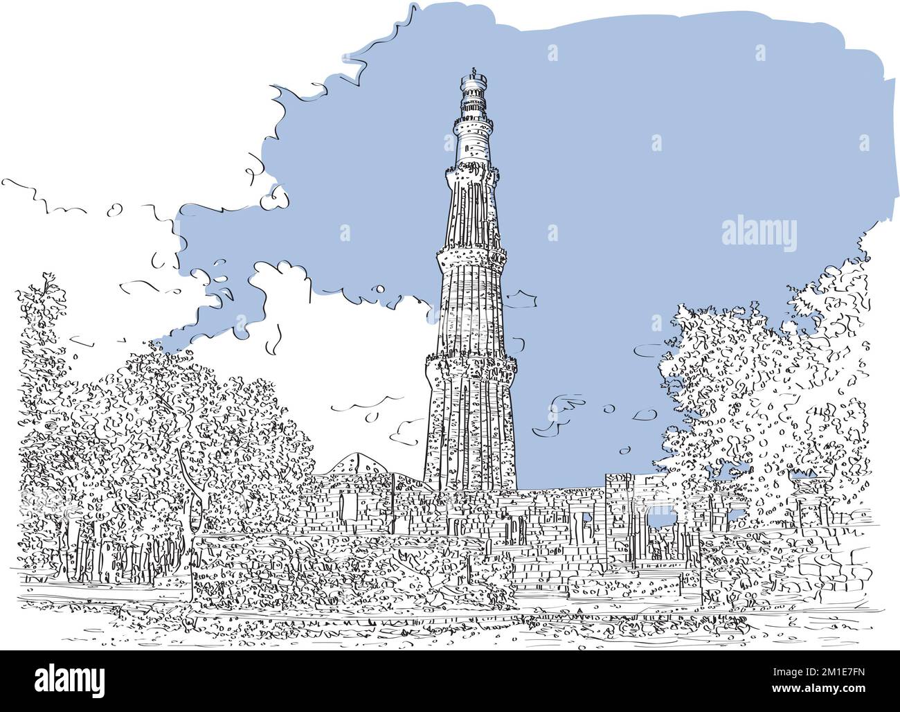 Illustration du croquis de Qutub Minar Mehrauli Delhi Inde, Qutub Minar, Delhi. Vue la plus célèbre indienne. Bâtiment architectural. Attractions touristiques célèbres Banque D'Images