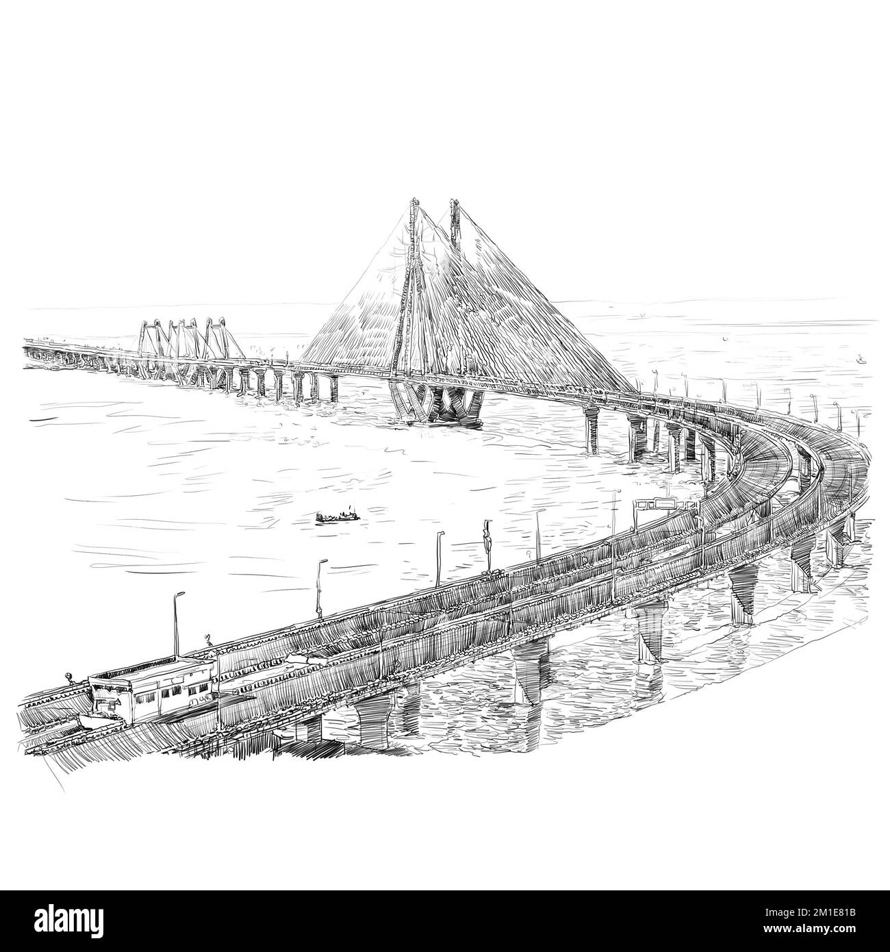 Bandra- Worli Sea Link (Rajiv Gandhi Sea Link), pont de voiture à câbles à Mumbai (Bombay), Inde. Croquis du paysage urbain. Art voyage Les arts vintage Banque D'Images