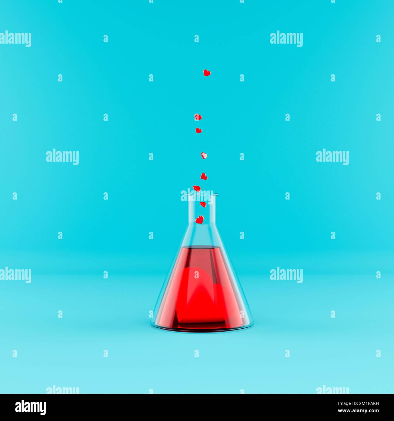 Potion d'amour dans un flacon chimique. Création de rendu 3D pour la Saint-Valentin. Banque D'Images