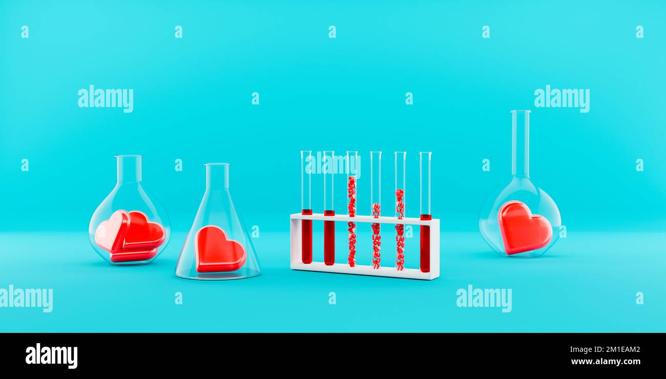 Potion d'amour dans des verres chimiques. Création de rendu 3D pour la Saint-Valentin. Banque D'Images
