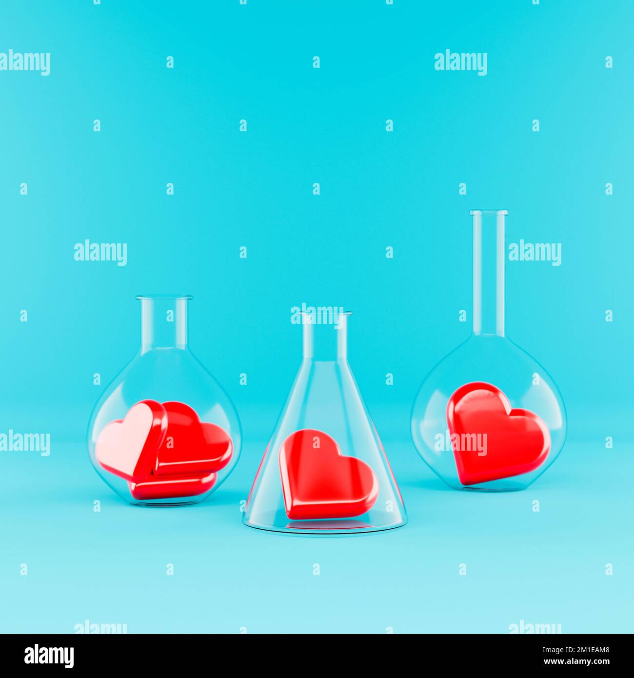 Cœurs dans des flacons chimiques. Création de rendu 3D pour la Saint-Valentin. Banque D'Images