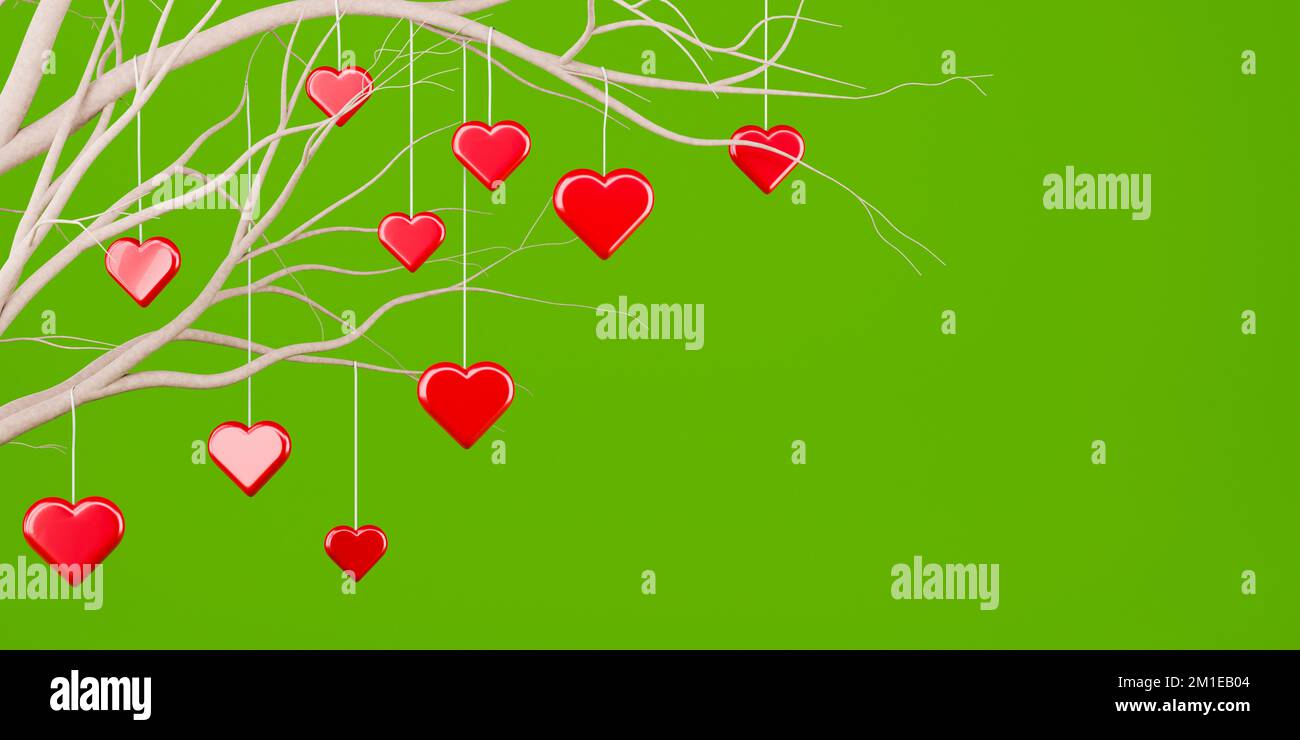 Décorations rouges en forme de coeur pour la Saint-Valentin sur l'arbre suivant sur fond vert avec espace pour les copies. 3d rendu Banque D'Images