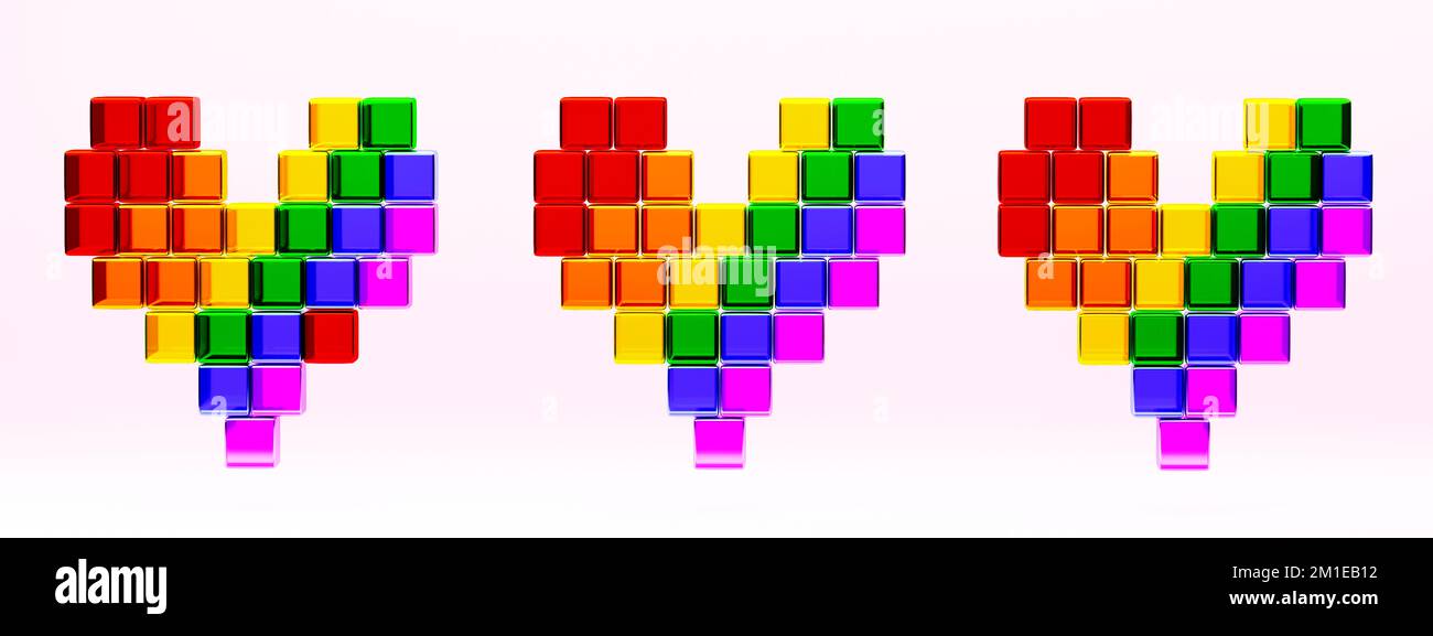 Coeurs en cubes de couleurs de symboles LGBT. Rendu de la Saint-Valentin 3D Banque D'Images