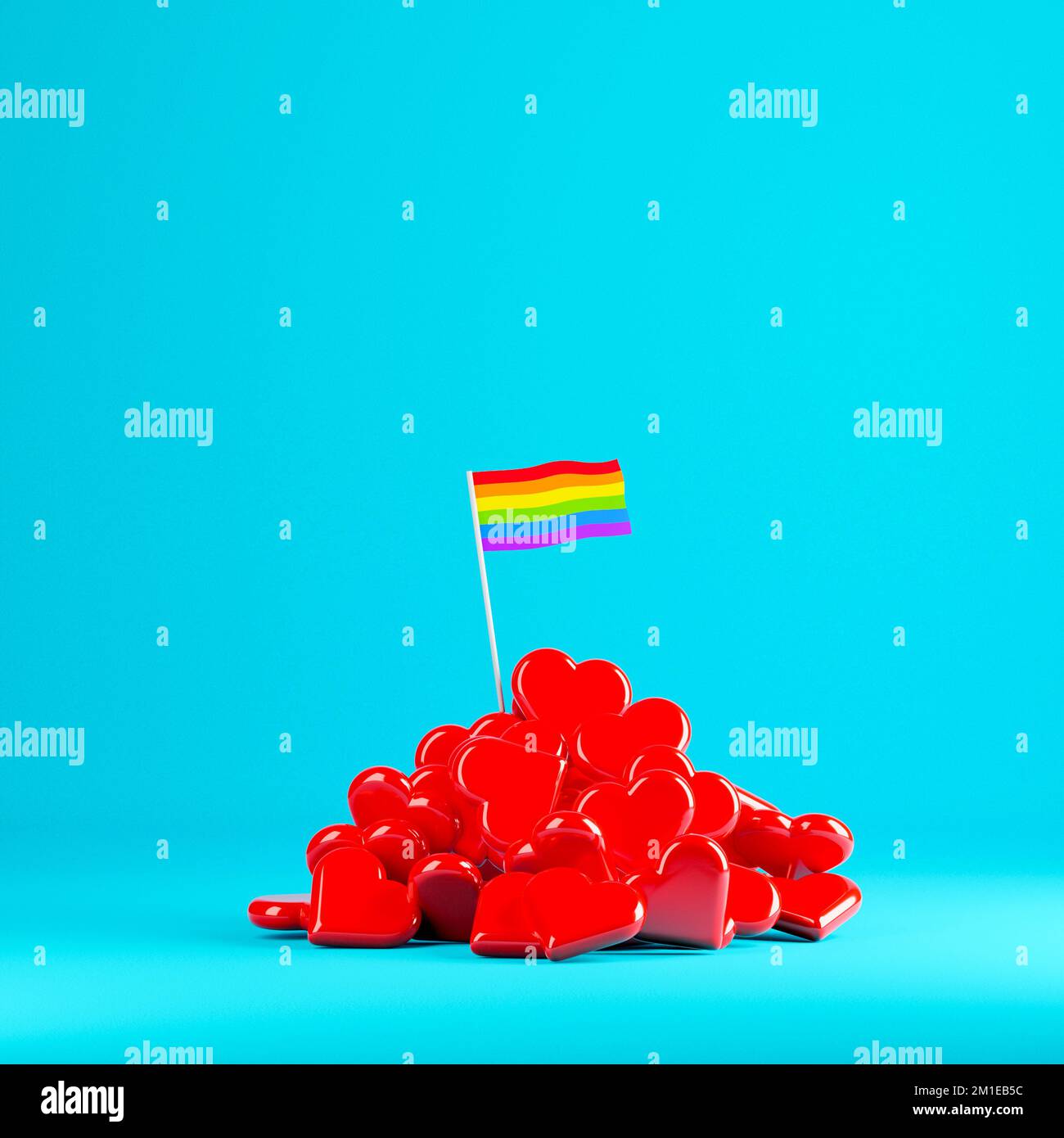 Drapeau LGBT sur une pile de cœurs rouges de Saint Valentin. 3d rendu Banque D'Images