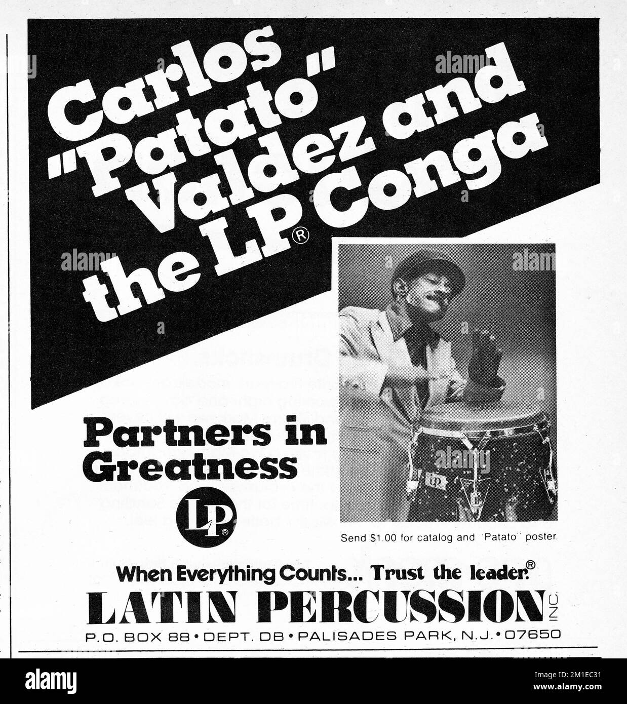 Une publicité de 1970s pour la société LP Latin percussion qui vend des instruments à percussion ethniques et latins. La publicité présente un endossement du légendaire joueur de conga cubain Carlos Patato Valdez. Banque D'Images