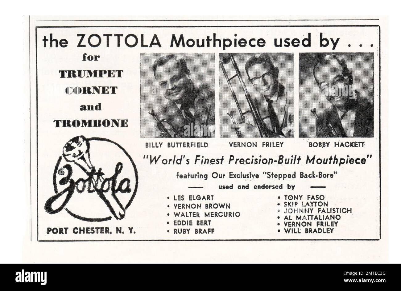 Une publicité pour les porte-paroles de Zottola mettant en vedette 3 musiciens de jazz caucasiens - Billy Butterfield, Vernon Riley et Bobby Hackett. D'un magazine musical 1950s. Banque D'Images