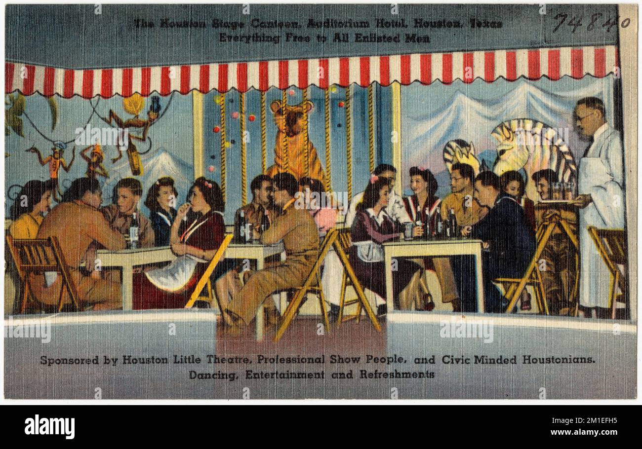 The Houston Stage Canteen, Auditorium Hotel, Houston, Texas. Tout est libre pour tous les hommes inscrits, sponsorisés par le Houston Little Theatre, les professionnels du spectacle, et les Houstoniens d'esprit civique. Danse, divertissement et rafraîchissements , Collection Tichnor Brothers, cartes postales des États-Unis Banque D'Images