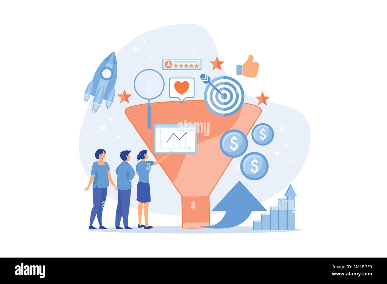 Analystes analysant le marché. Stratégie de vente, génération de prospects. Entonnoir de marketing, cycle de marketing produit, concept de contrôle du système de publicité, vue plate Illustration de Vecteur
