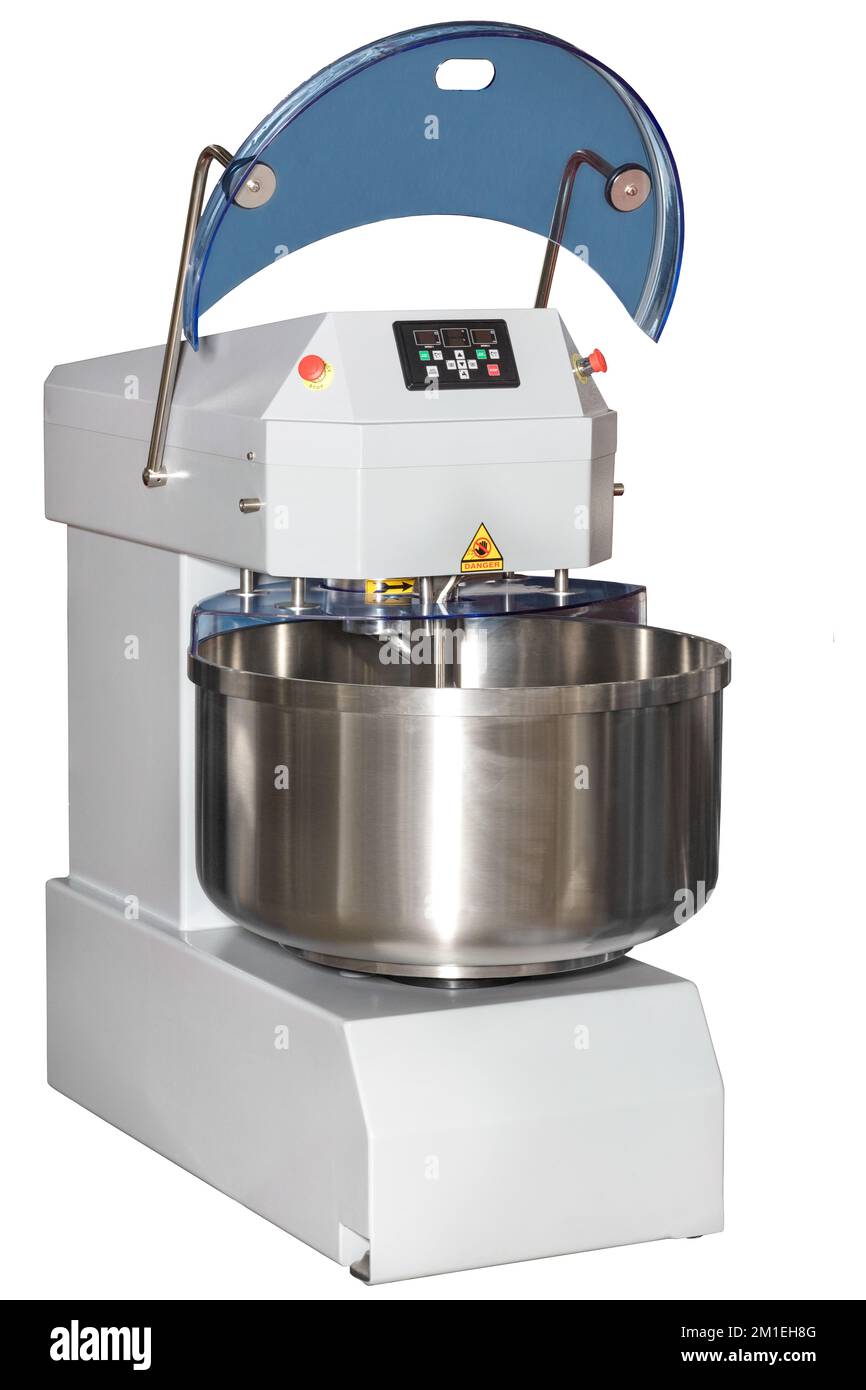 Machine automatique en spirale pour le mélangeur de pâte pour l'industrie alimentaire, isolée sur fond blanc. Banque D'Images