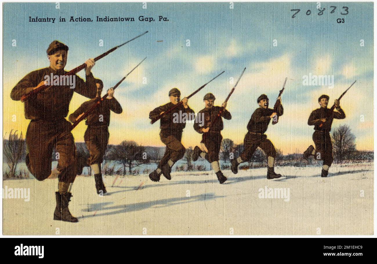 Infanterie en action, Indiantown Gap, Pennsylvanie. , Installations militaires, Collection des frères Tichnor, cartes postales des États-Unis Banque D'Images