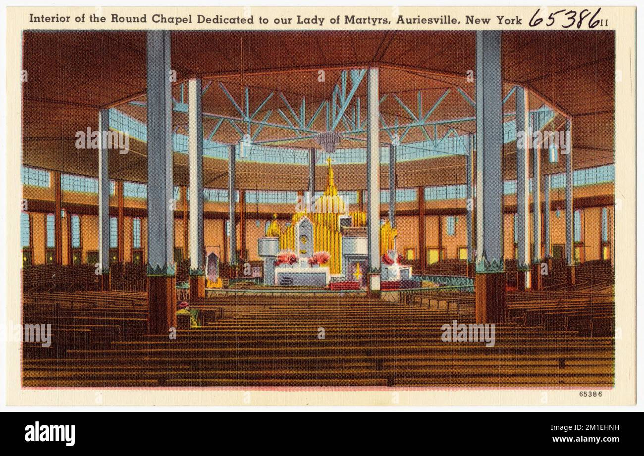 Intérieur de la chapelle ronde dédiée à notre Dame des Martyrs, Auriesville, New York. , Installations religieuses, Collection des frères Tichnor, cartes postales des États-Unis Banque D'Images