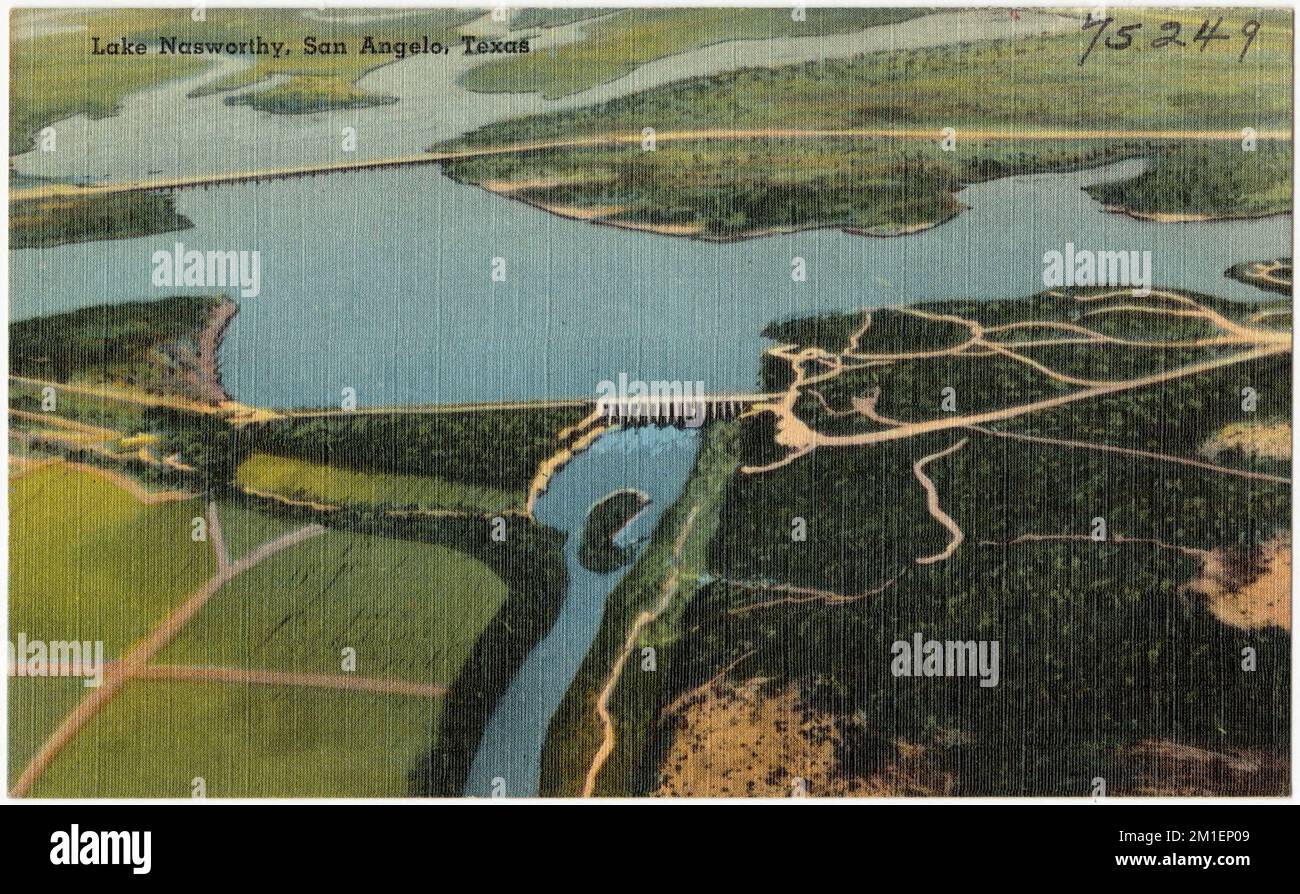 Lac Nasworthy, San Angelo, Texas , Lacs et étangs, Collection Tichnor Brothers, Cartes postales des États-Unis Banque D'Images