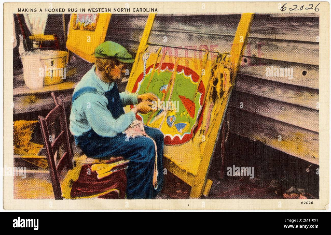 Fabrication d'un tapis accroché dans l'ouest de la Caroline du Nord , Tichnorr Brothers Collection, cartes postales des États-Unis Banque D'Images