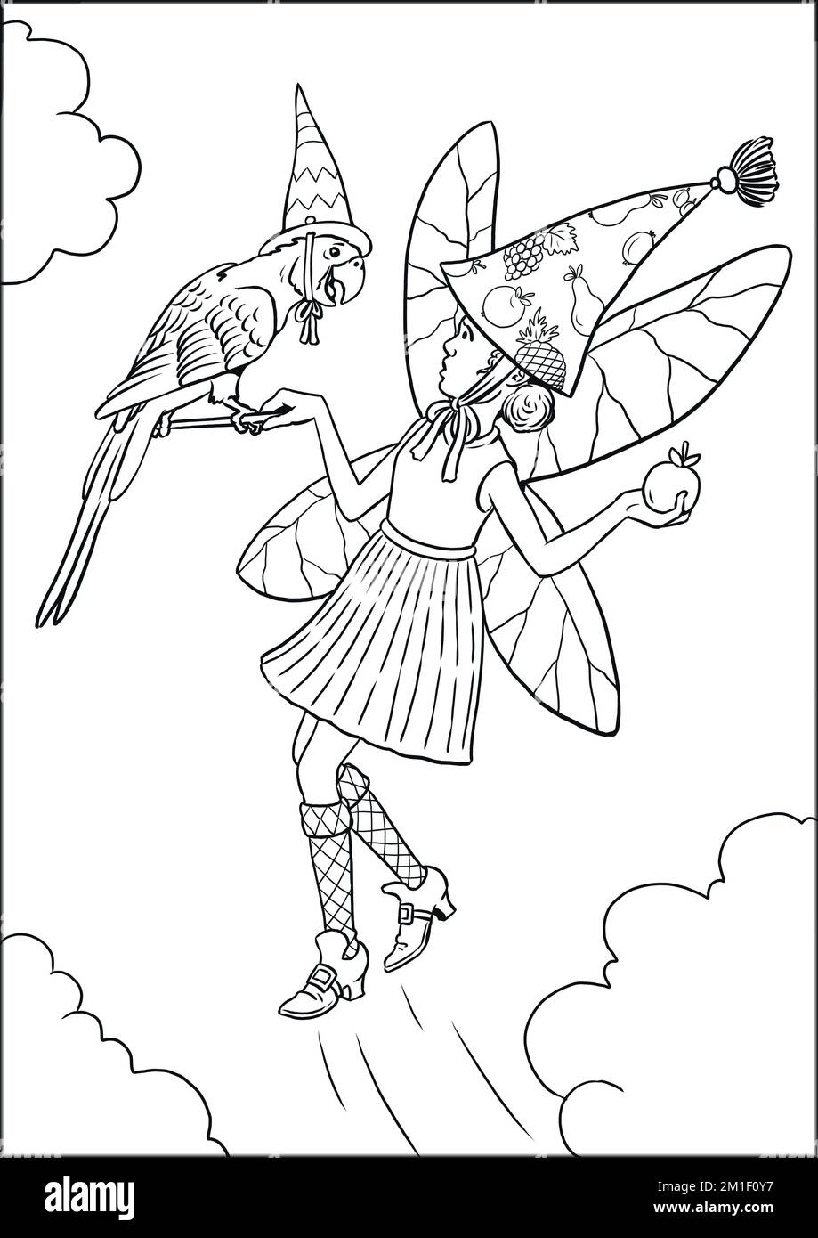 Jeune fée drôle avec perroquet. Modèle avec assistant et macaw pour colorier. Banque D'Images