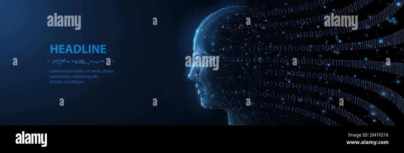 Intelligence artificielle. Résumé 3D Poligonal ai visage humain sur bleu. Cyber robot, technologie ai, code Big Data, esprit artificiel, femmes cyborg Illustration de Vecteur