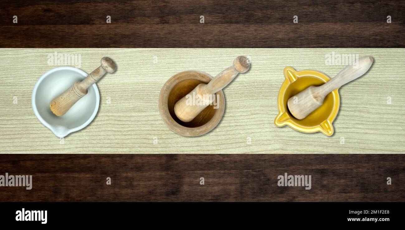Vue de dessus du mortier de cuisine sur le fond de la table Banque D'Images
