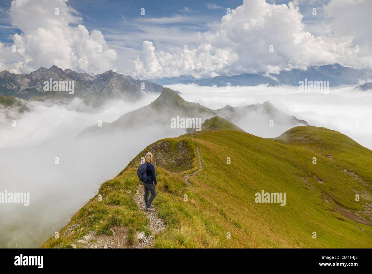 Un randonneur regarde les sommets des Alpes sur le Gehrengrat au-dessus des nuages, Lech, Autriche, Europe Banque D'Images
