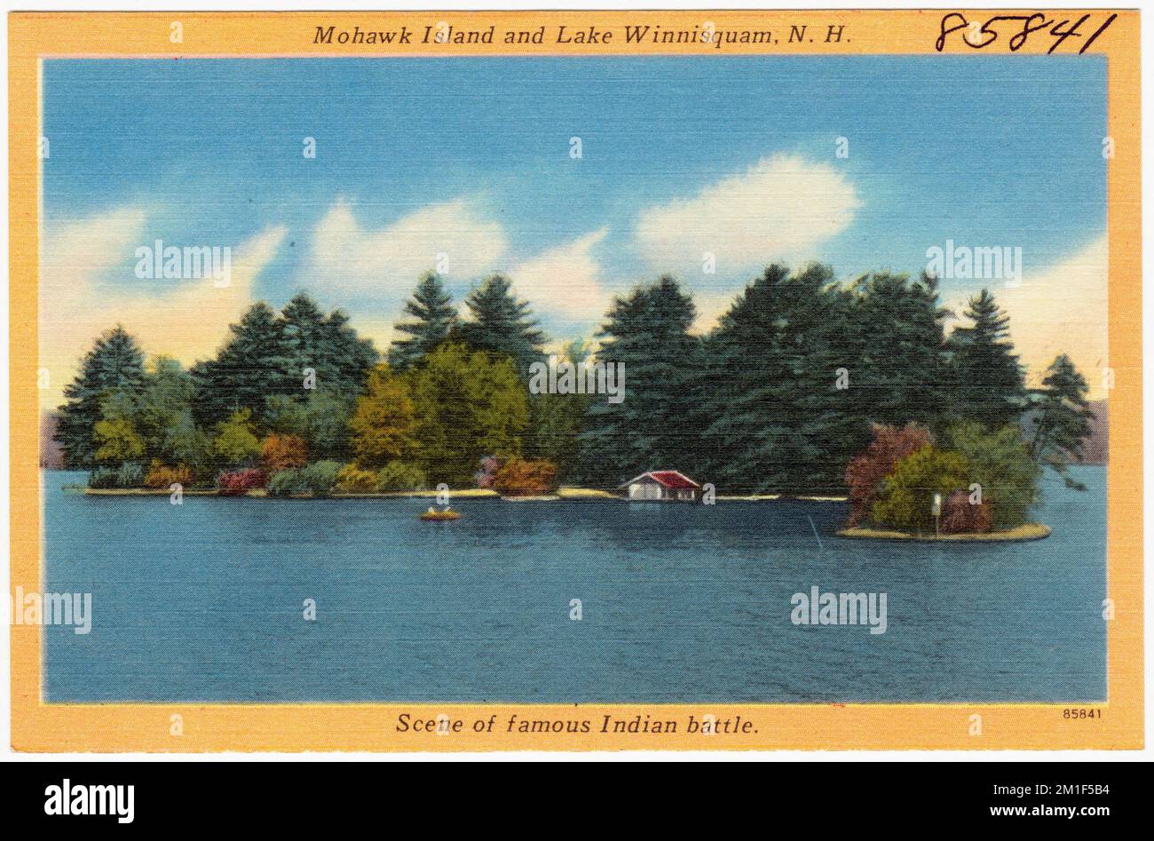 Mohawk Island et Lake Winnisquam, N.H., scène de la célèbre bataille indienne. , Lacs et étangs, sites historiques, Collection des frères Tichnor, cartes postales des États-Unis Banque D'Images