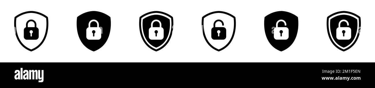 Ensemble de l'icône verrouillage et déverrouillage du bouclier. Symbole cadenas. Illustration du signe vectoriel. Illustration de Vecteur