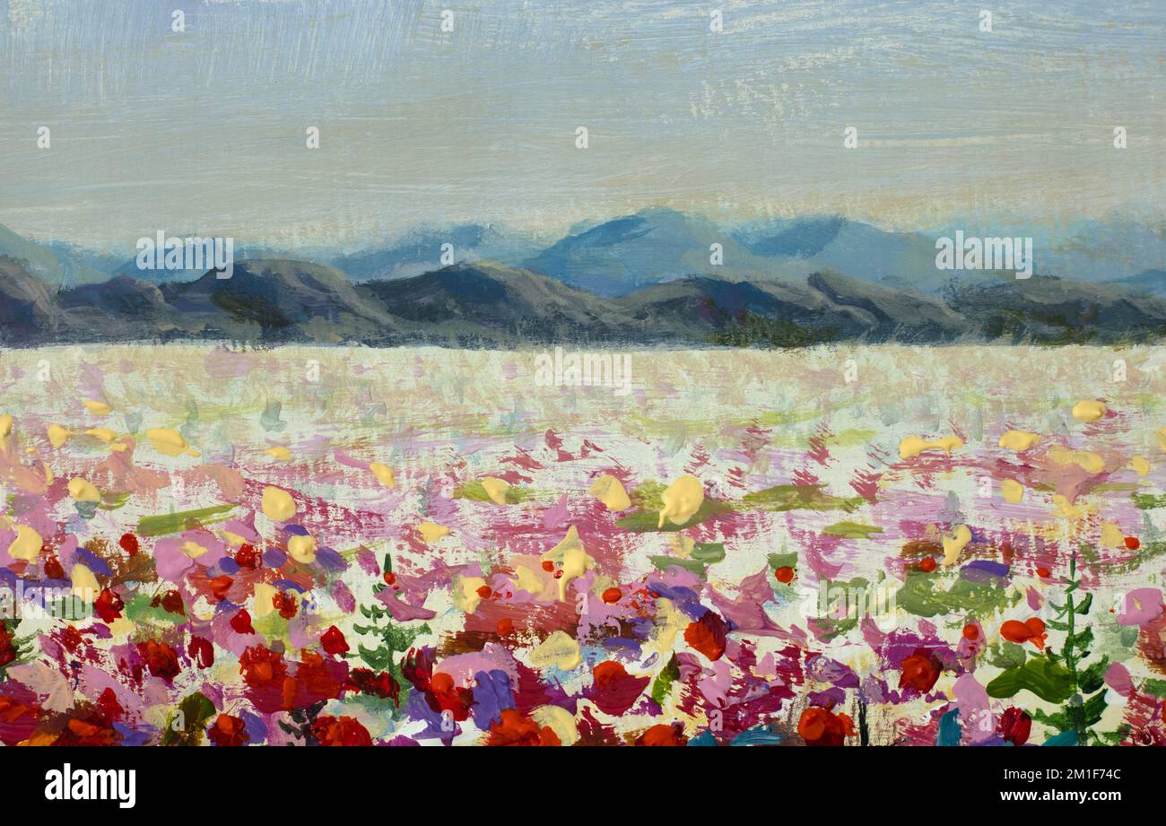 Peinture à l'huile originale sur toile. Toscane scène prairies remplies