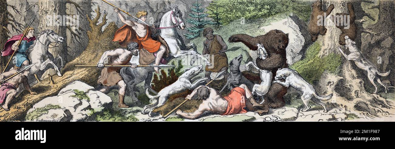 Une chasse aux ours dans les temps de la Grèce antique. Après une gravure de Nikolaus Knilling d'une oeuvre de Heinrich Leutemann. Banque D'Images