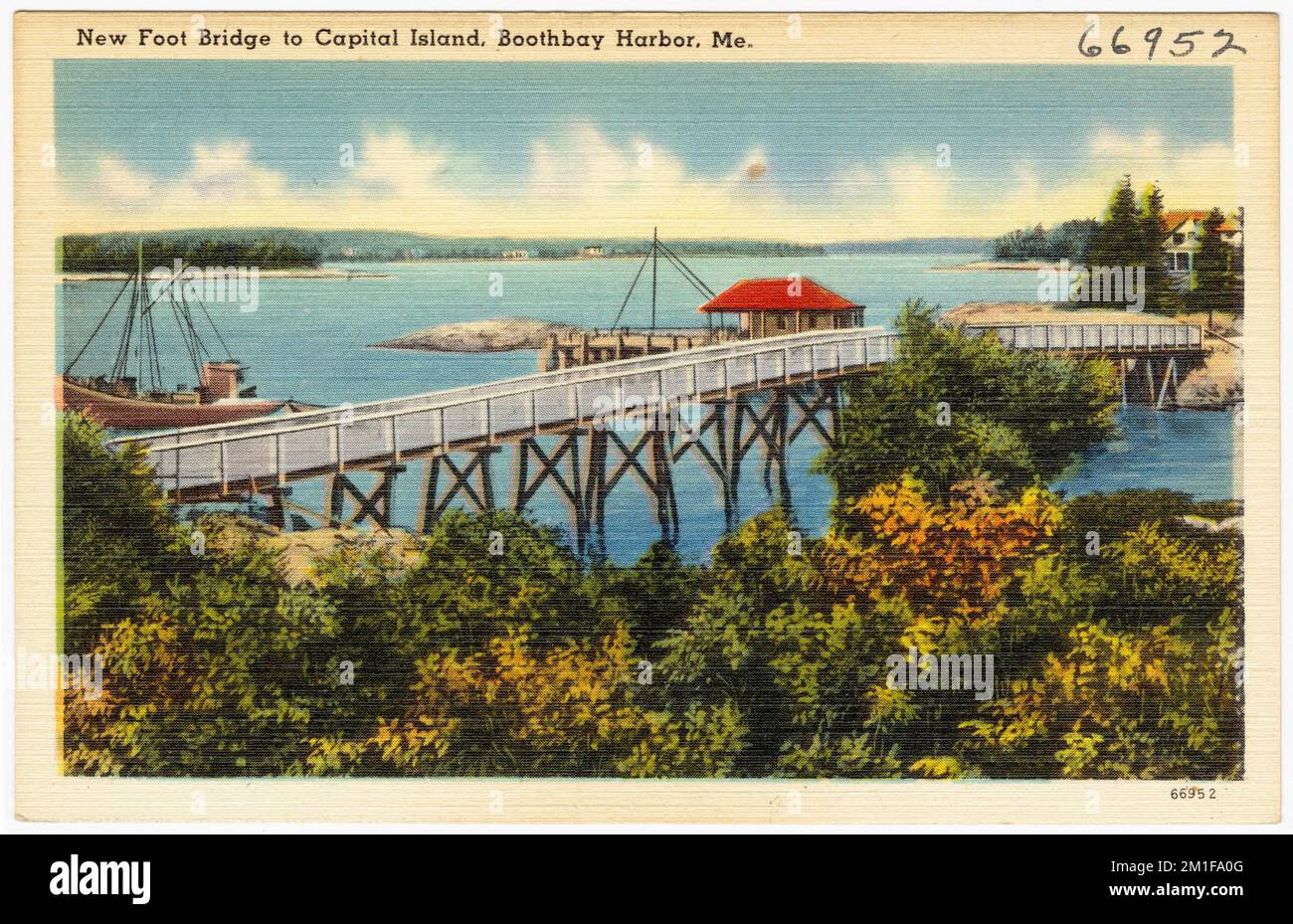 Nouveau pont à pied vers Capital Island, port de Boothbay, Mé. , Bridges, Tichnor Brothers Collection, cartes postales des États-Unis Banque D'Images