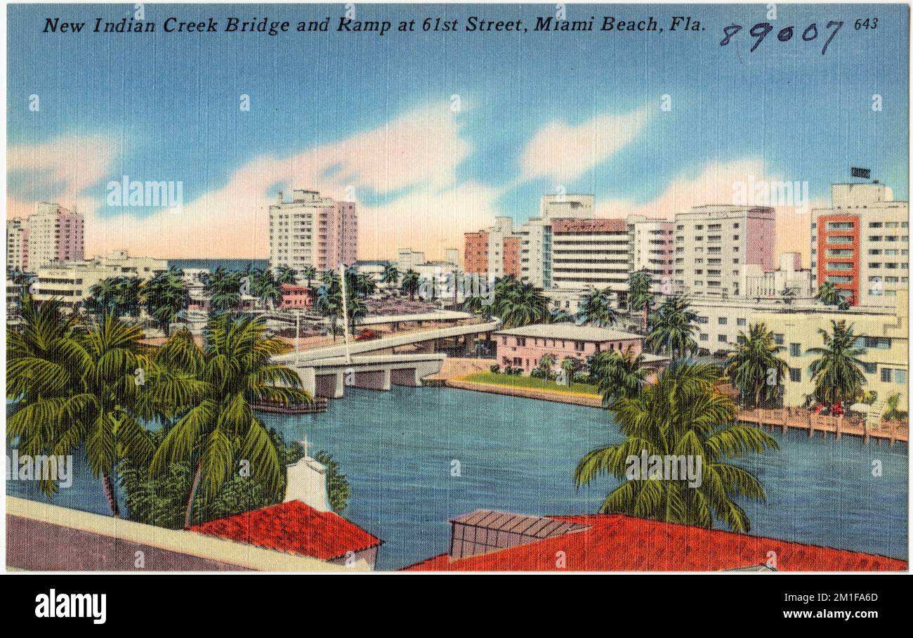 Nouveau pont Indian Creek et rampe d'accès au 61st Street, Miami Beach, Floride, ponts, Tichnor Brothers Collection, Cartes postales des États-Unis Banque D'Images