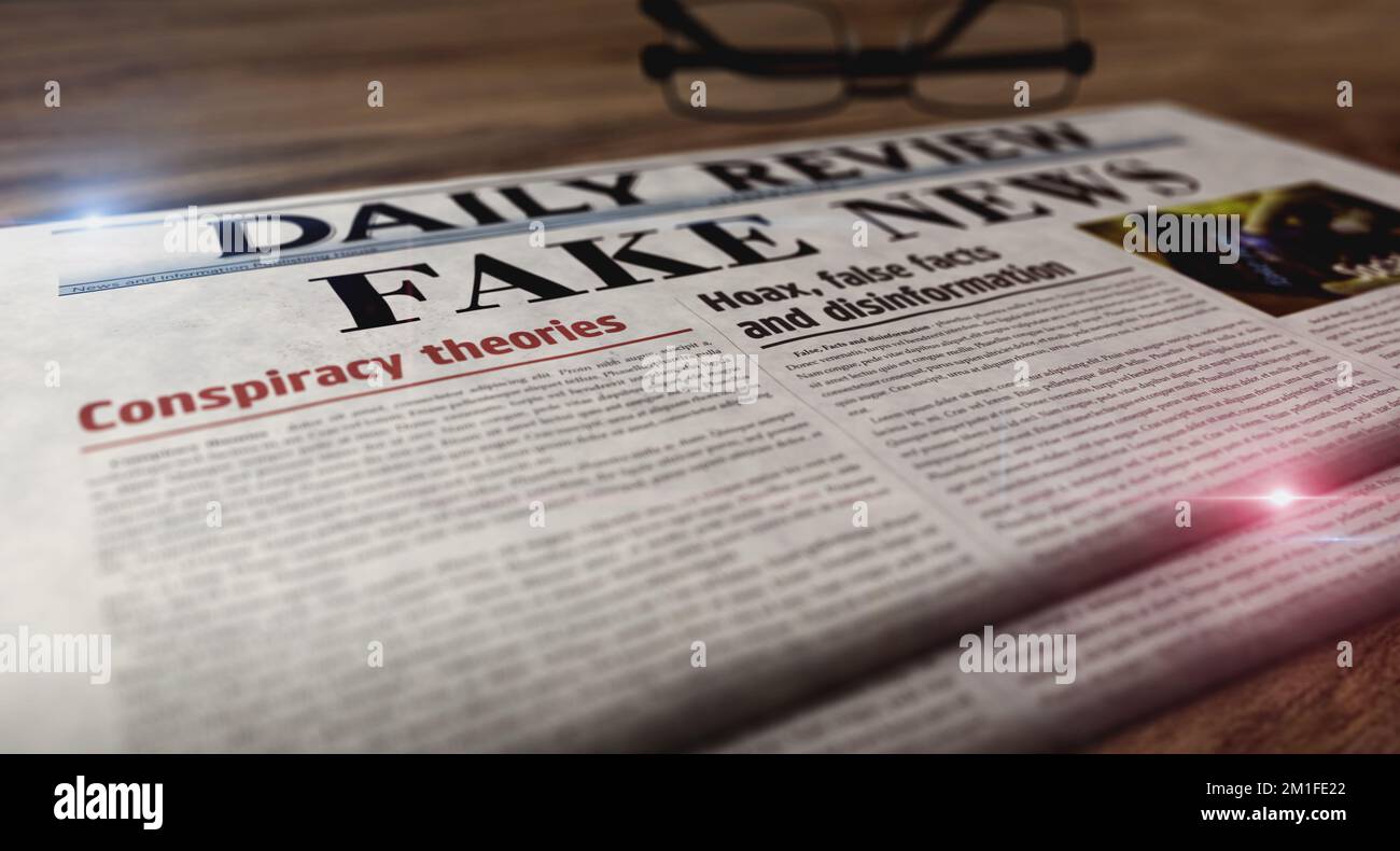 Fausses nouvelles, théorie de la conspiration, canular et désinformation vintage news et l'impression de journaux. Résumé concept rétro titres illustration 3D. Banque D'Images