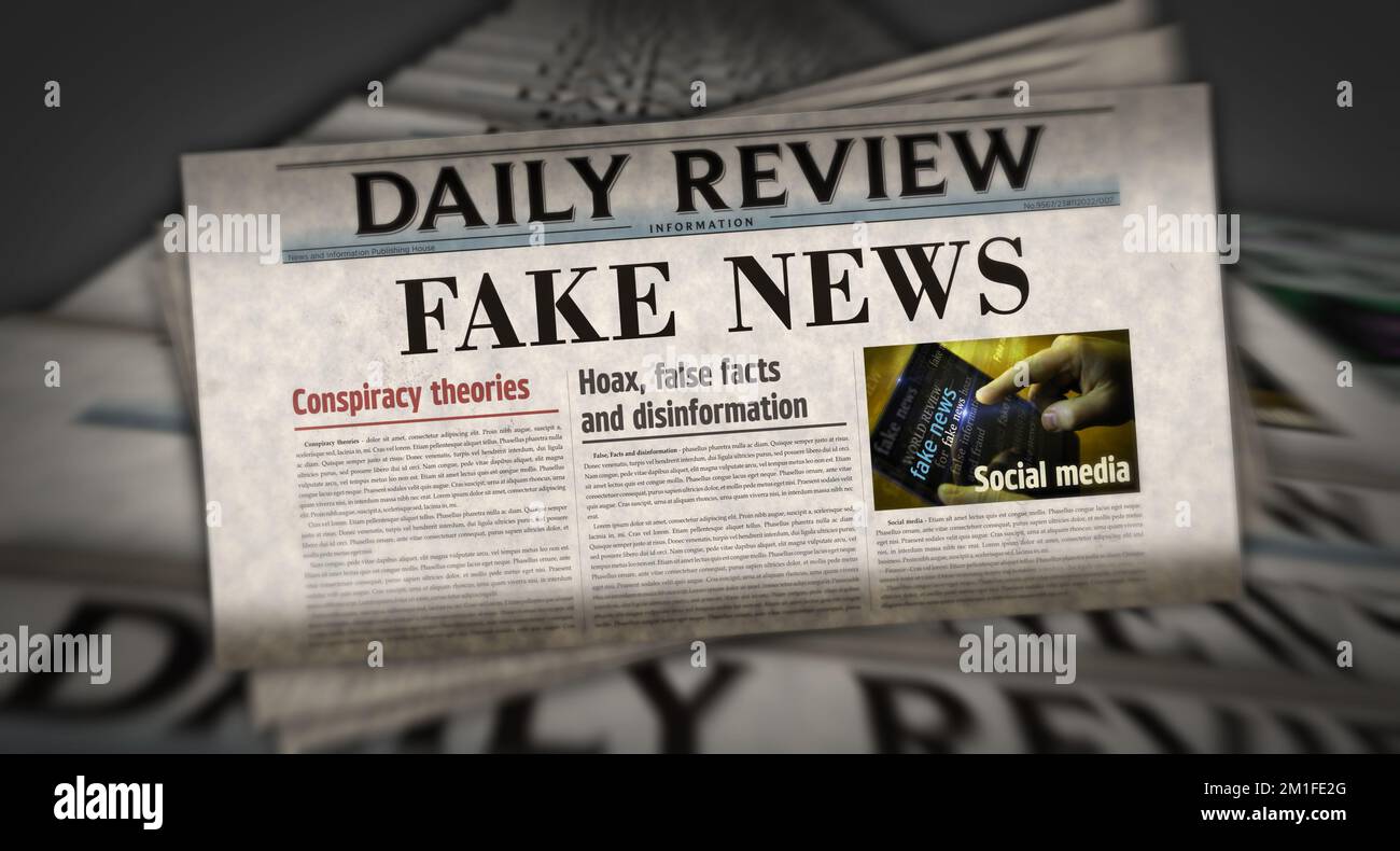 Fausses nouvelles, théorie de la conspiration, canular et désinformation vintage news et l'impression de journaux. Résumé concept rétro titres illustration 3D. Banque D'Images