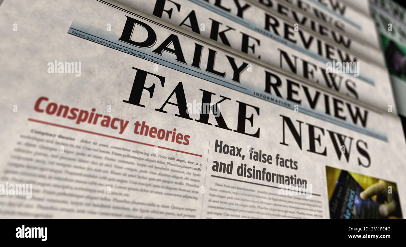 Fausses nouvelles, théorie de la conspiration, canular et désinformation vintage news et l'impression de journaux. Résumé concept rétro titres illustration 3D. Banque D'Images