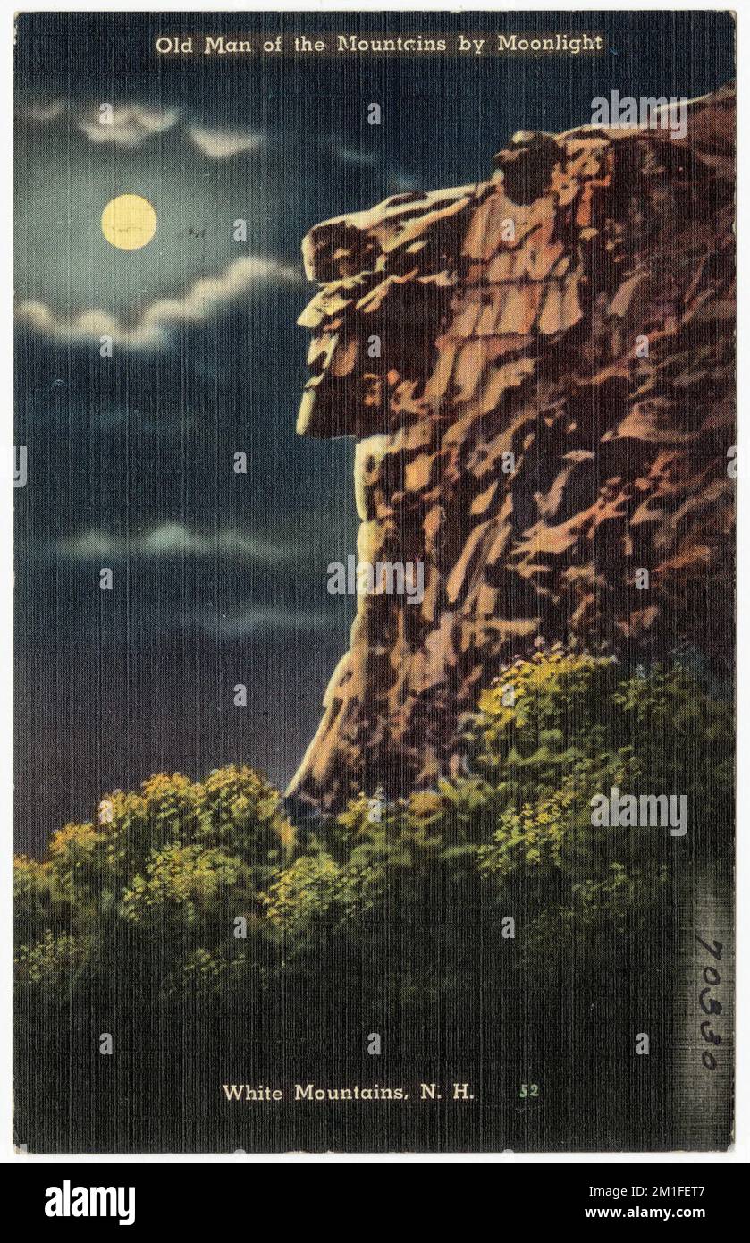 Old Man of the Mountains au clair de lune, White Mountains, N.H. , Montagnes, Tichnor Brothers Collection, cartes postales des États-Unis Banque D'Images