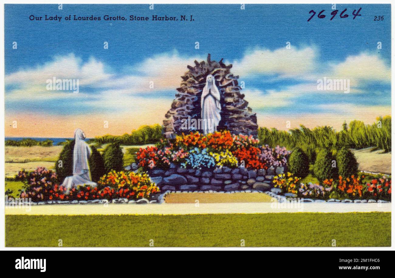 Grotte notre-Dame de Lourdes, Stone Harbour, N. J. , installations religieuses, Collection des frères Tichnor, Cartes postales des États-Unis Banque D'Images